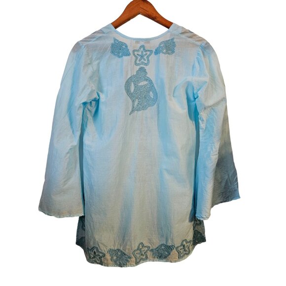 OndadeMar Women's Embroidered Light Blue Tunic Top - S Bell Sleeve Swim Coverup - Picture 2 of 11